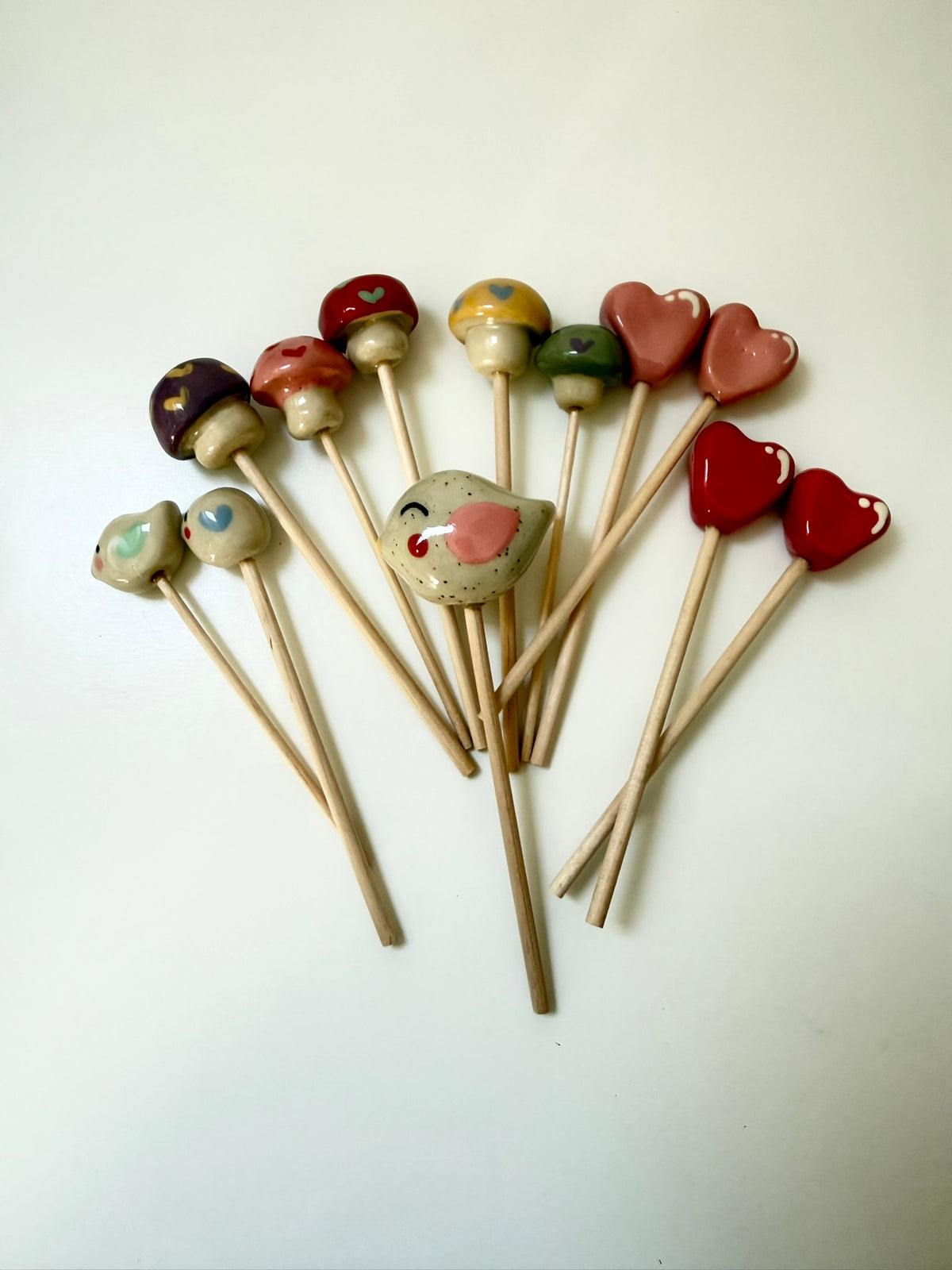 Blumenstecker Pilze, Vögelchen und Herzen